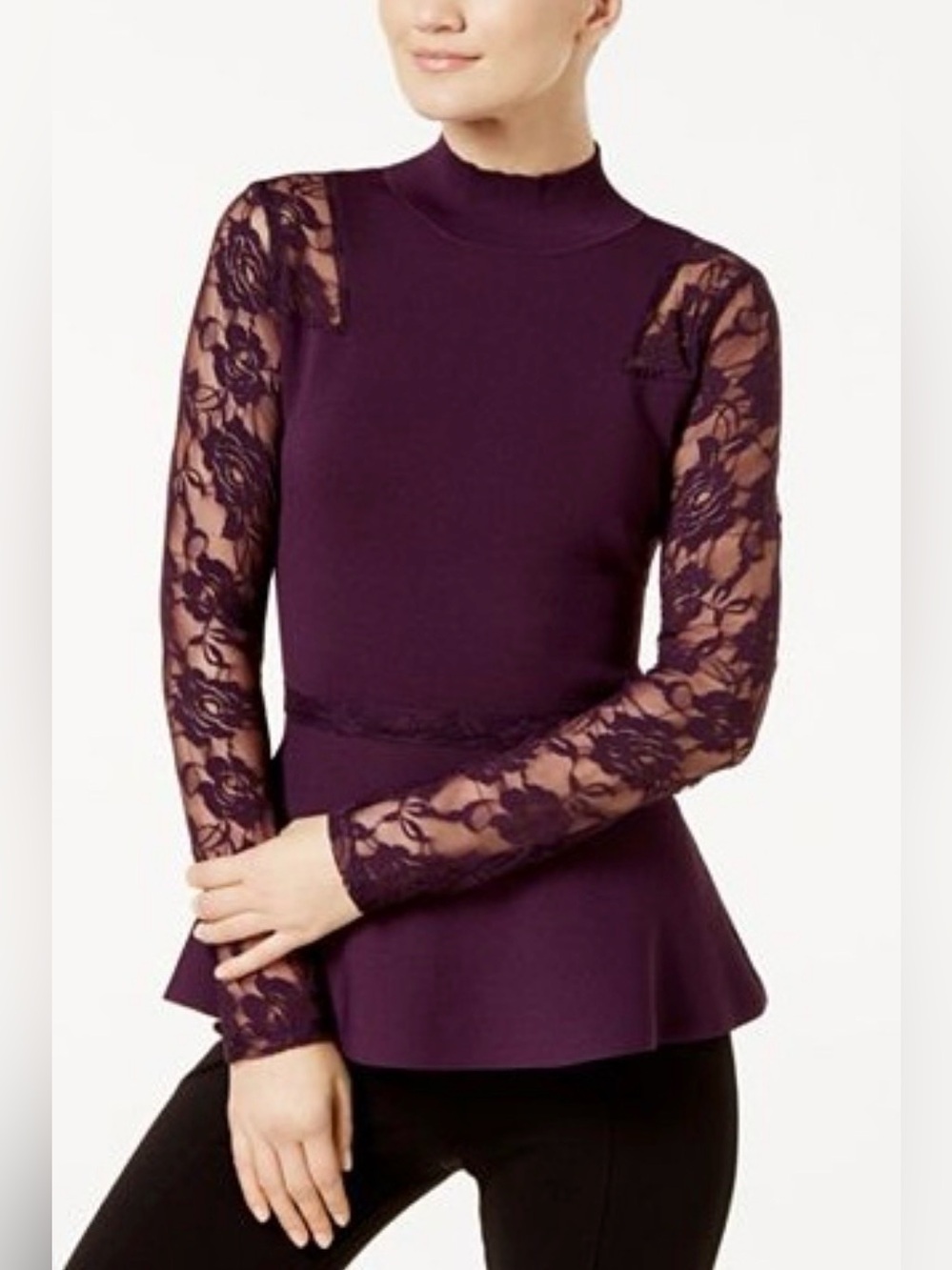 INC Lot of 2 Lace Long Sleeve Mock Neck Peplum Rib Sweater Tops Purple/Red M